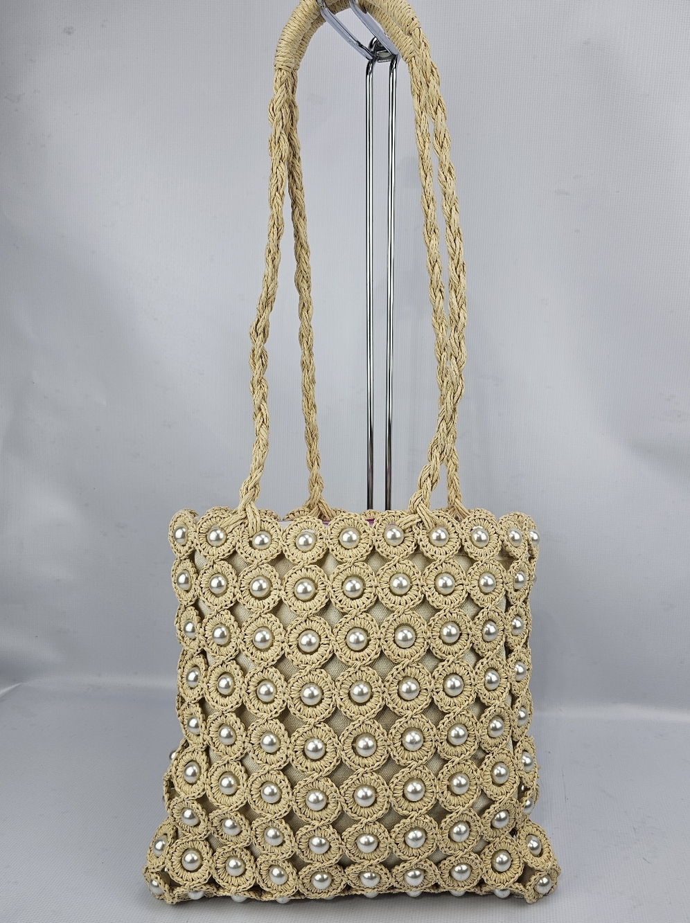 Haute Hippie Handwoven Straw Pearl-Embellished Natural Beige Tote Bag Anthro